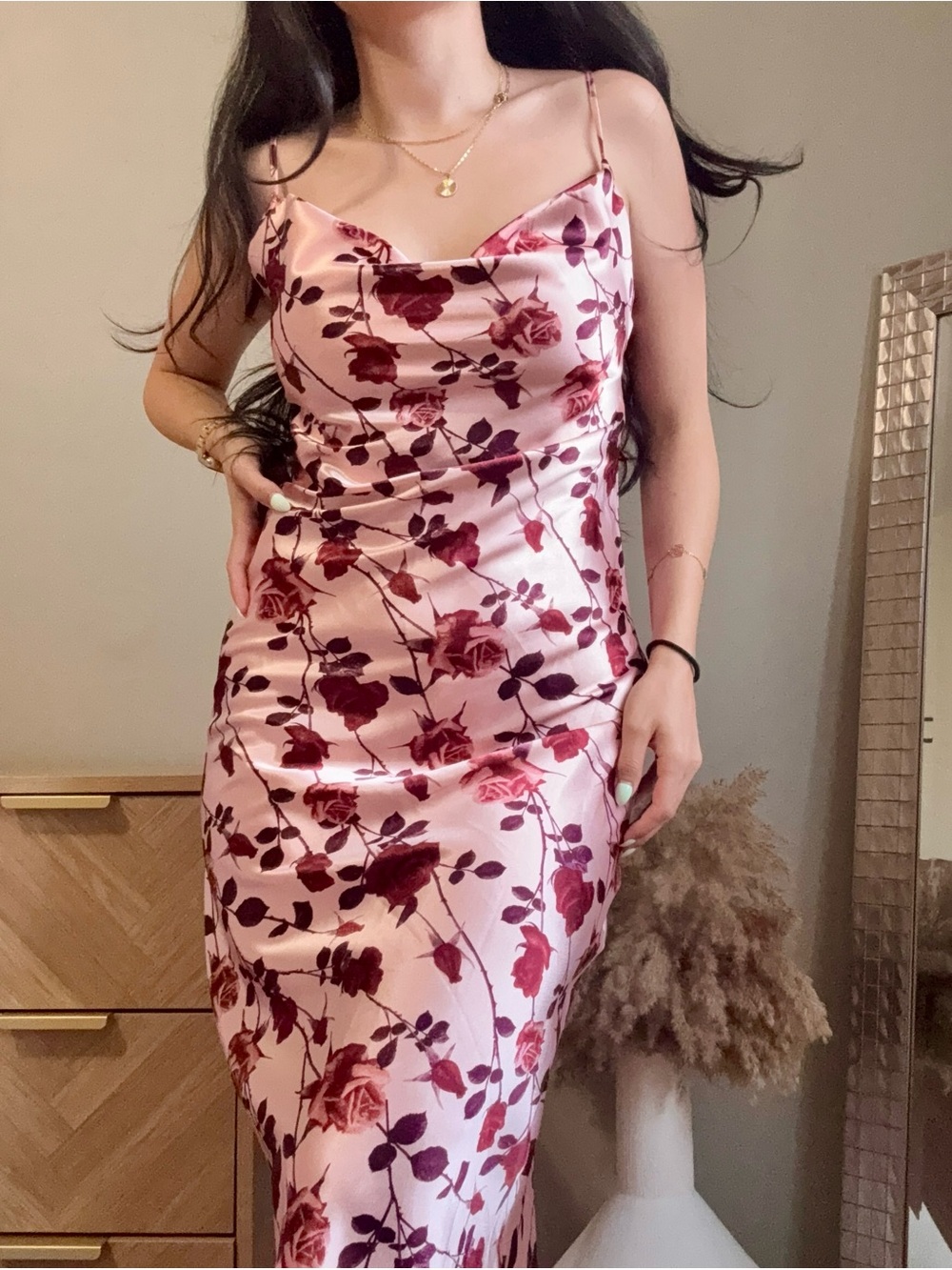 Floral Satin Slip Dress in Pink and Burgundy